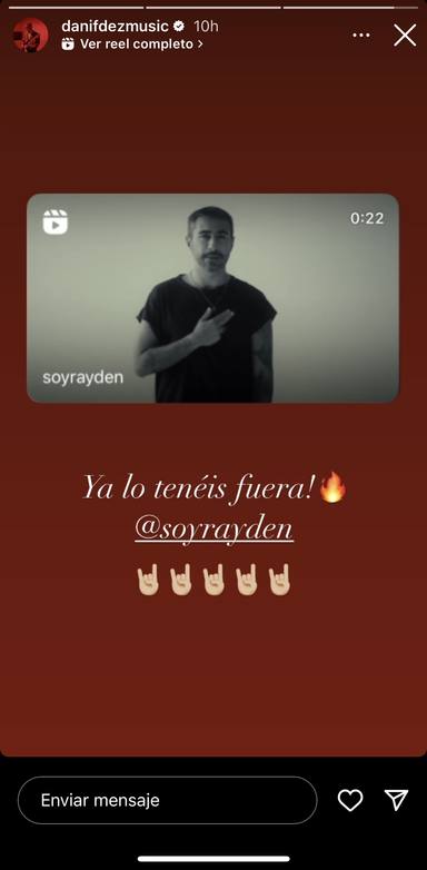 Dani Fernández en su último storie de Instagram compartiendo su nuevo tema con Rayden