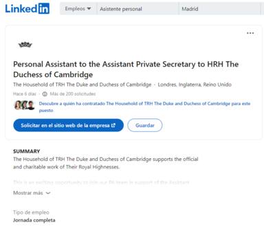 Asistente personal del Secretario Privado Adjunto de Su Alteza Real la Duquesa de Cambridge