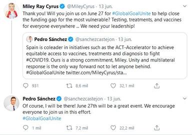 Miley Cyrus y Pedro Sánchez entablan conversación por Twitter
