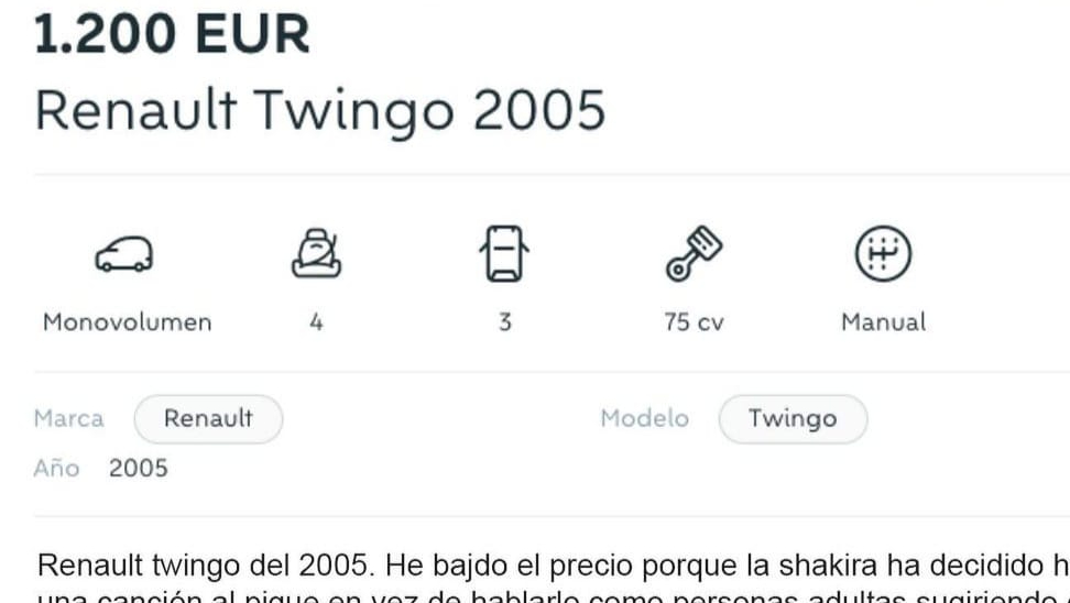 El anuncio de la venta de un Twingo que se ha hecho viral tras la canción de Shakira con Bizarrap
