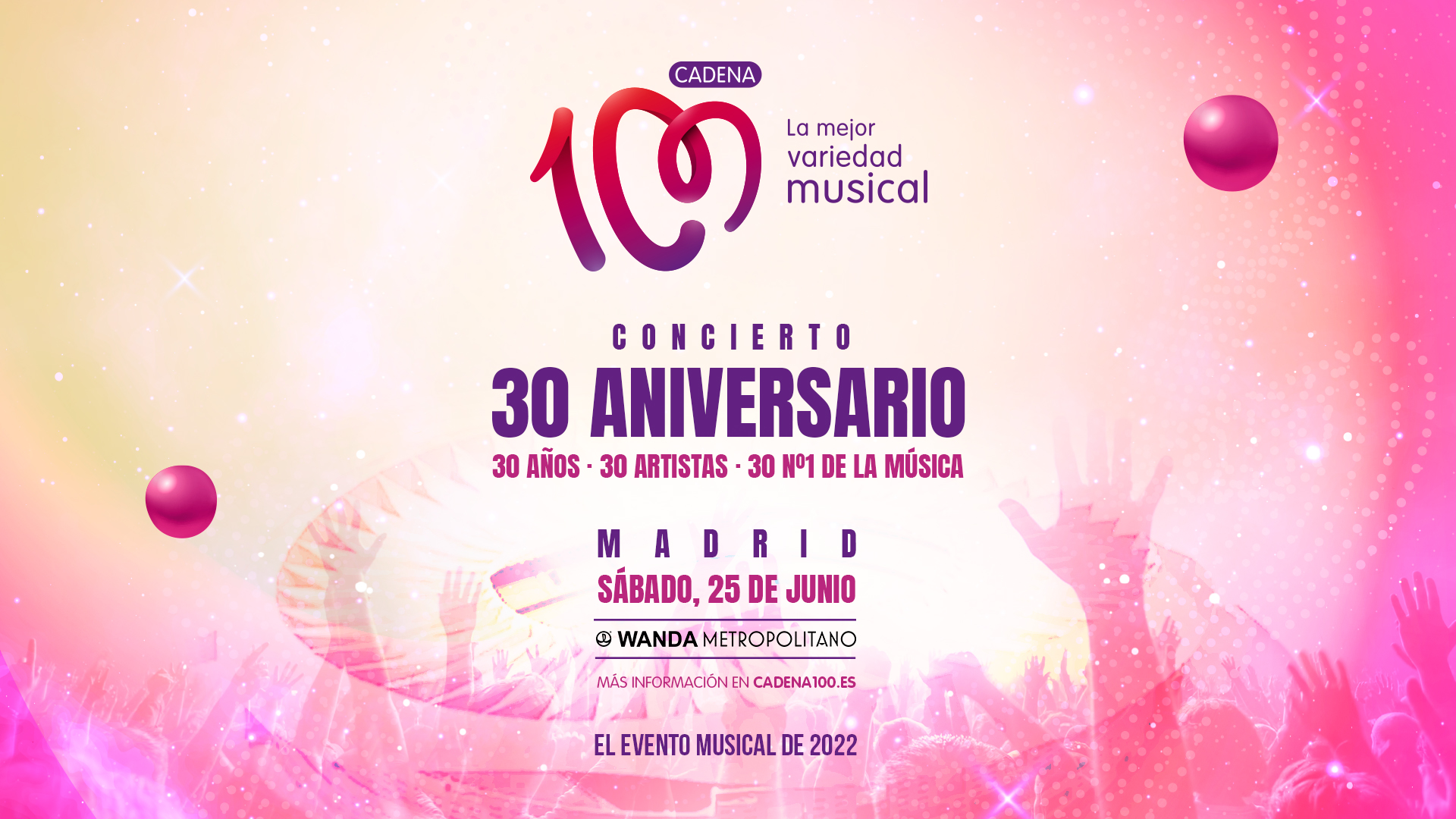 Descripción del negocio diagonal vitalidad CADENA 100 celebrará su 30 aniversario con 30 'números 1' de la música en  un concierto histórico - Concierto 30 aniversario de CADENA 100 - CADENA 100
