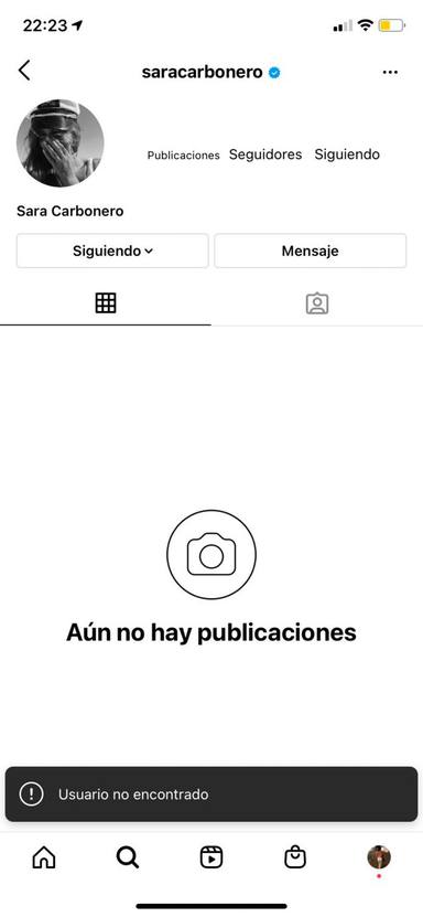 Así aparecía la cuenta de Sara Carbonero, sin ningún contenido en su perfil de Instagram