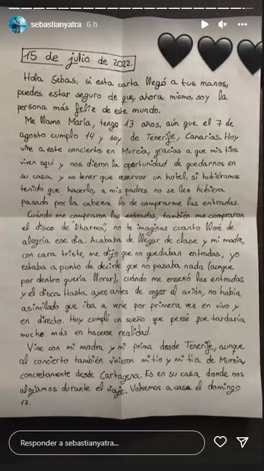 La carta de una fan de Sebastián Yatra que le ha emocionado hasta compartirlo en sus redes
